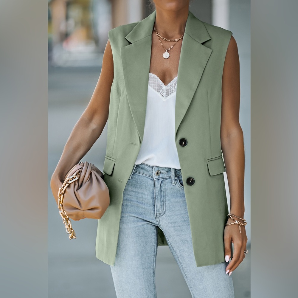 Longline Blazer Vest with Pockets- Sleeveless in Green